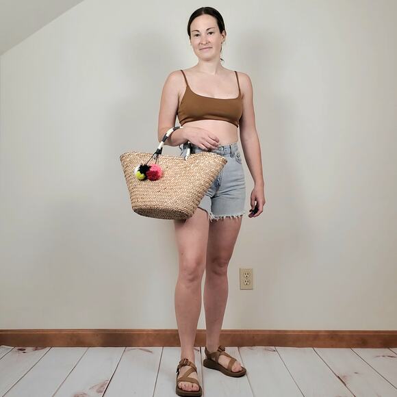 Gap Straw Pom Pom Basket Bag Tan Multi - Picture 2 of 15